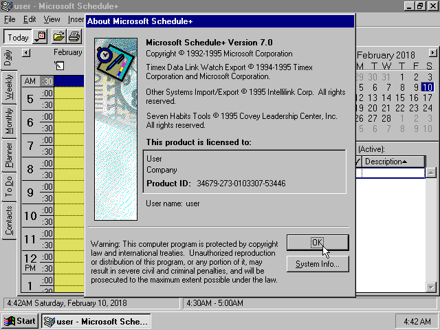 Microsoft Schedule Plus 7.0/95 About Screen (1995)
